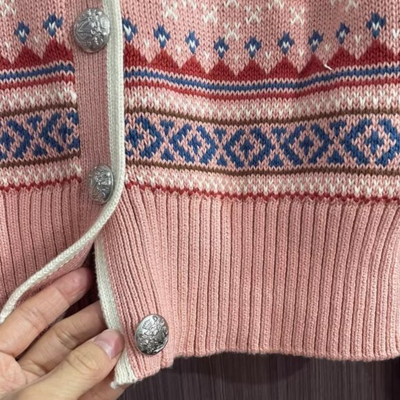 Veronica Beard Cheshire Intarsia Cardigan Rose Fair Isle Pink Knit Holiday - Picture 5 of 7